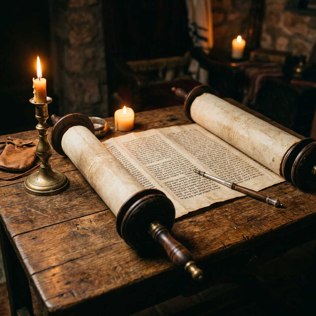 Open Torah scroll with Hebrew text on wooden table beside lit candles and pointer