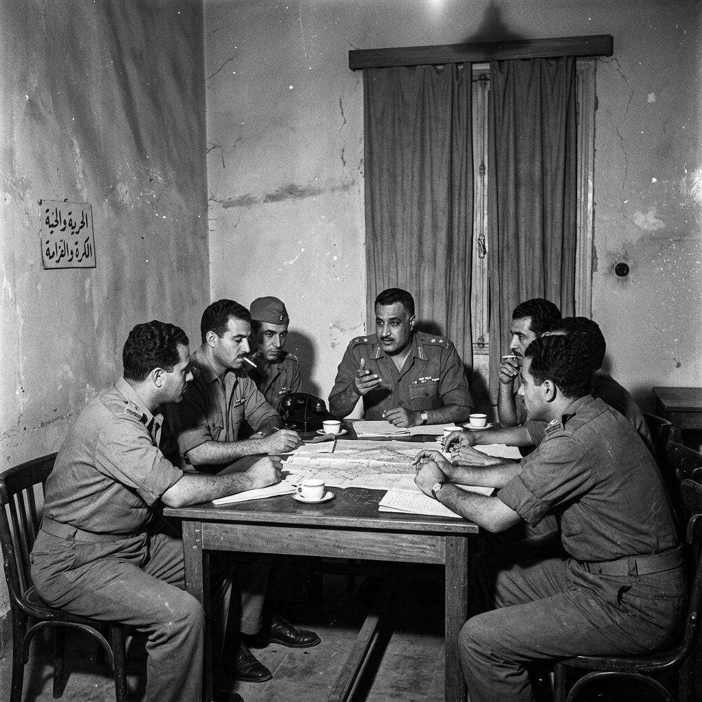 Six military officers seated around a table reviewing maps and documents indoors