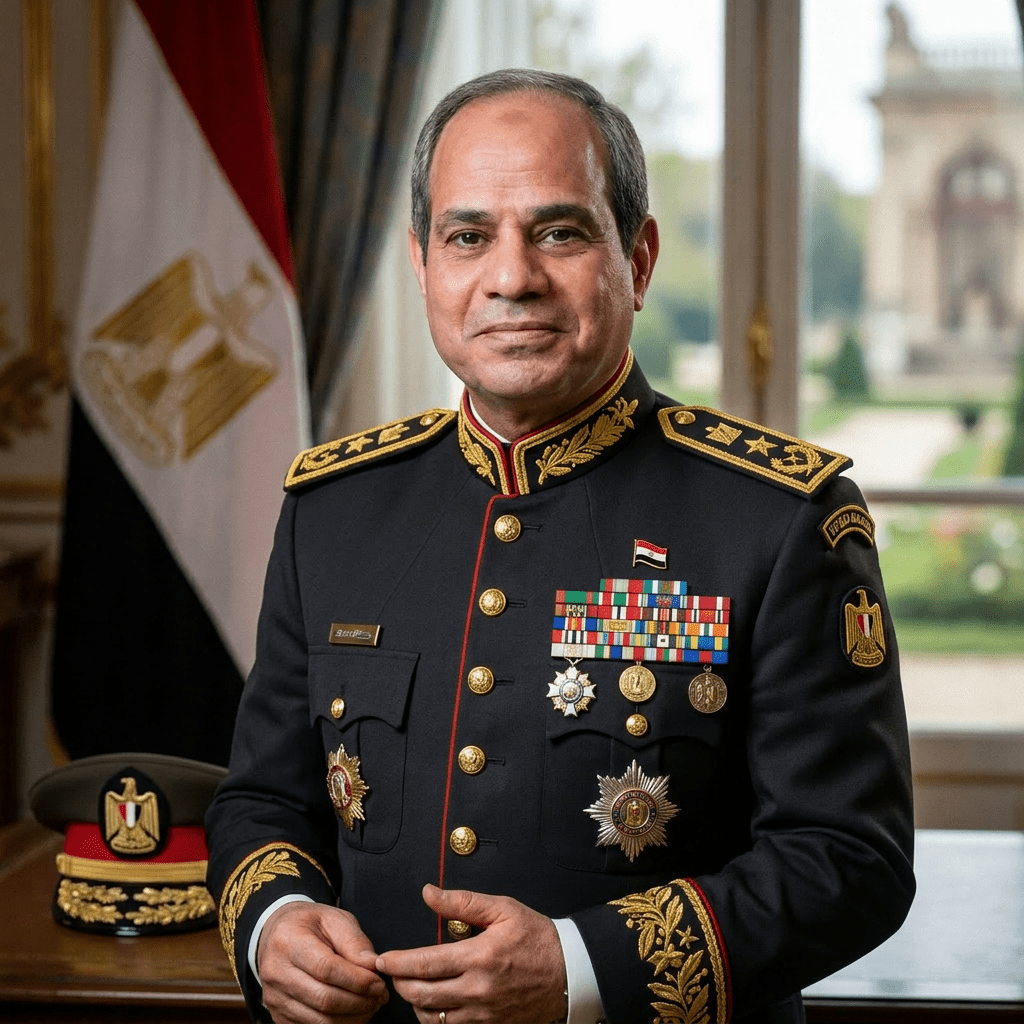 Man in dark blue suit with striped tie and Egyptian flag pin standing indoors