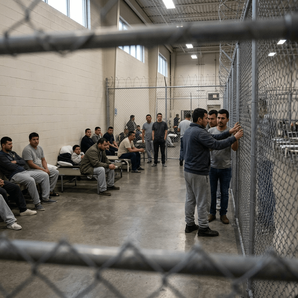 Group of men sitting and standing inside a fenced detention center room
