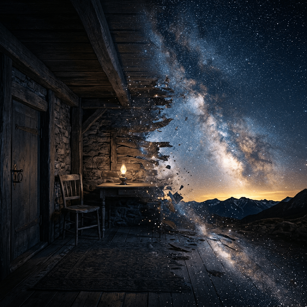 Rustic wooden cabin interior merging with vibrant Milky Way galaxy and mountain night sky