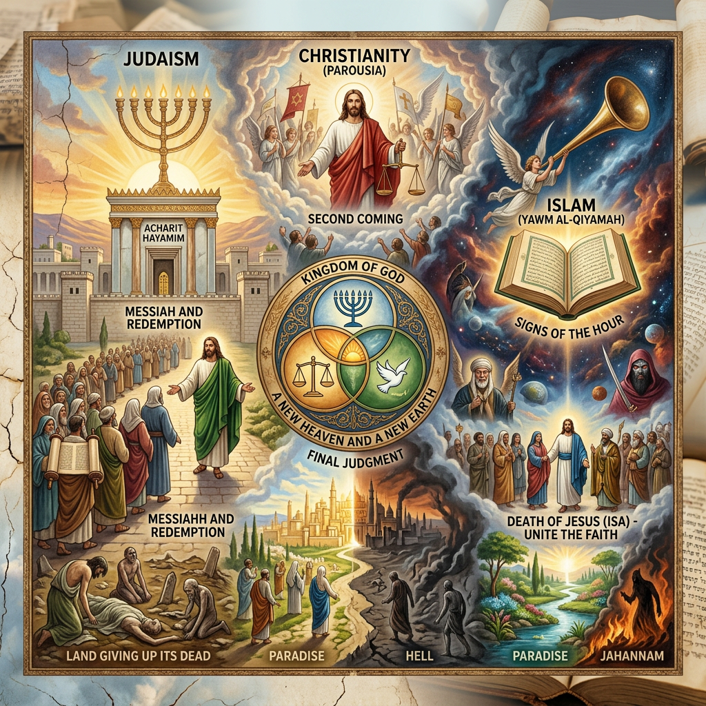 Symbols and scenes depicting final judgment, Messiah, second coming, paradise, hell, and signs of the hour in Judaism, Christianity, and Islam
