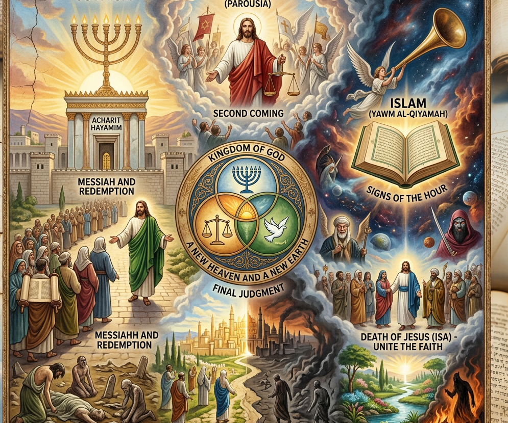 Symbols and scenes depicting final judgment, Messiah, second coming, paradise, hell, and signs of the hour in Judaism, Christianity, and Islam