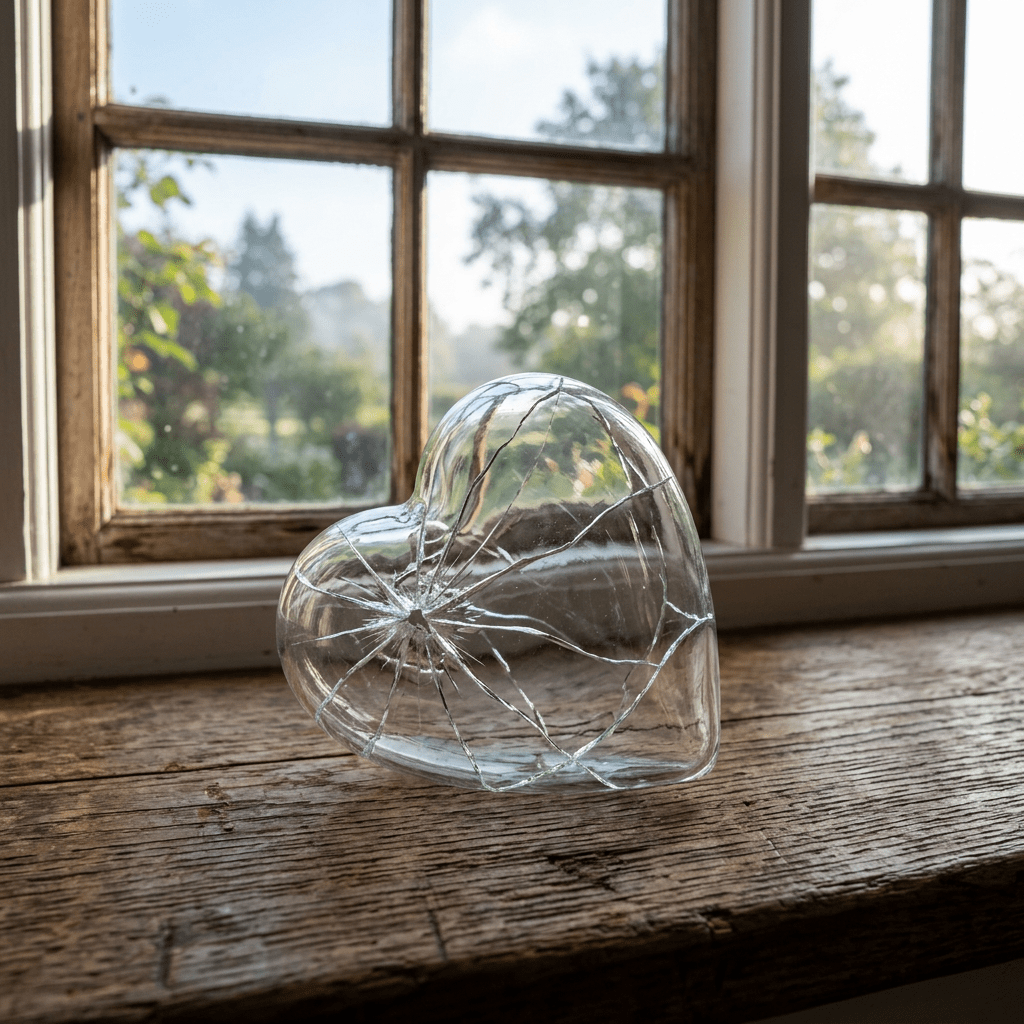 Cracked transparent glass heart sculpture on a wooden windowsill