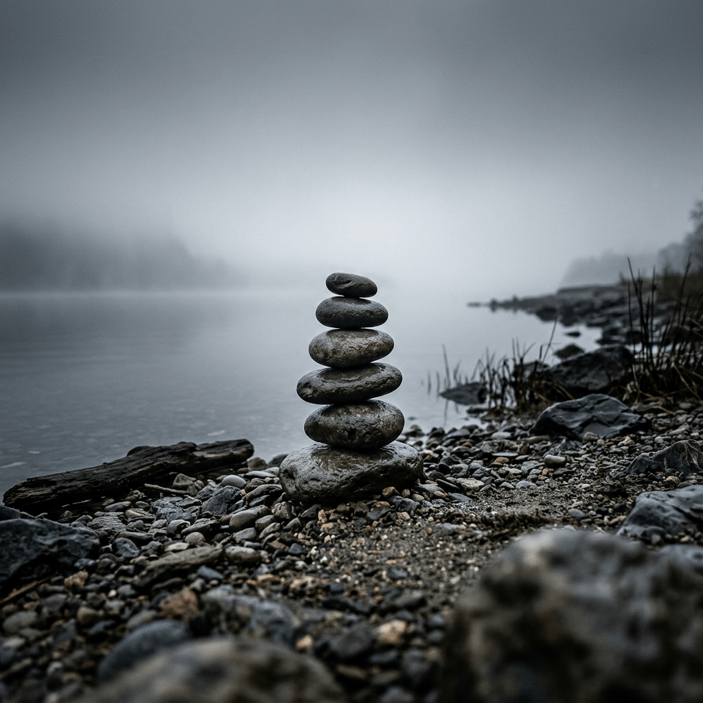 Stack of six smooth stones balanced on rocky lakeshore with foggy background