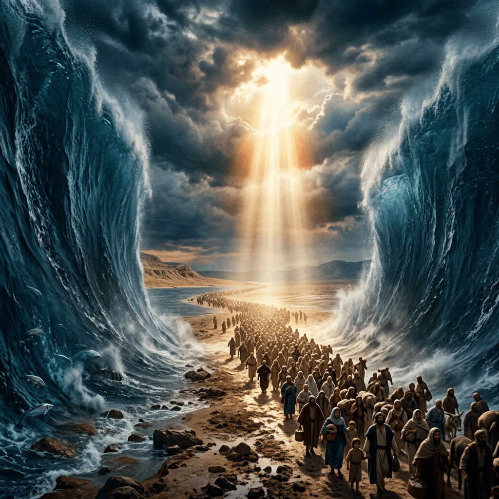 Crowd walking through parted Red Sea with towering walls of water on each side